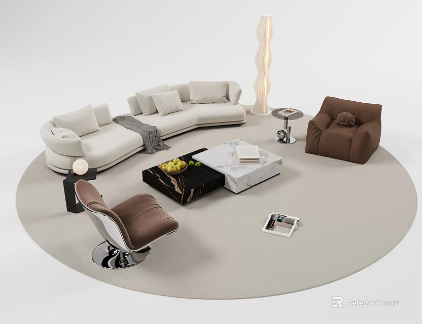 Modern L shaped Sofa and Coffee Table Set with Cushions Brown Armchair Floor Lamp and Magazine 3d model 