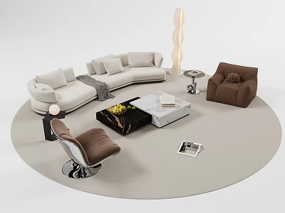 Modern L shaped Sofa and Coffee Table Set with Cushions Brown Armchair Floor Lamp and Magazine 3d model