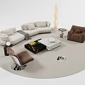 Modern L shaped Sofa and Coffee Table Set with Cushions Brown Armchair Floor Lamp and Magazine