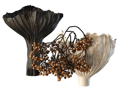 Two Ruffled Black and Cream Vases with Decorative Brown Berry Branches for Home Decor 3d model
