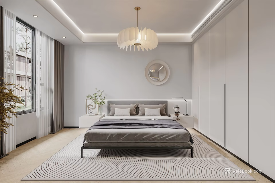 Modern Bedroom Interior With White Pendant Light Gray Bed Round Mirror And Built In Wardrobes 3d model 