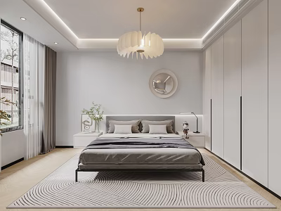 Modern Bedroom Interior With White Pendant Light Gray Bed Round Mirror And Built In Wardrobes 3d model