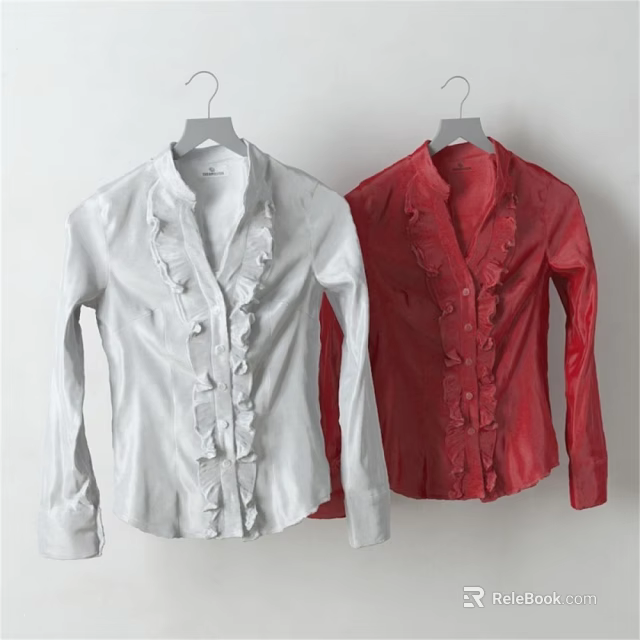 White And Red Long Sleeve Shirts With Ruffle Front Hanging On Hangers 3d model 