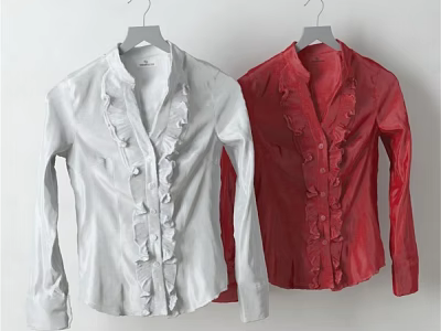 White And Red Long Sleeve Shirts With Ruffle Front Hanging On Hangers 3d model