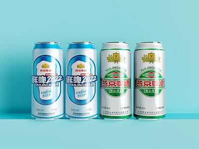 Beer Cans with Xianpi 22 and Snow Beer Varieties Displayed on Light Blue Background 3d model