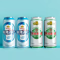 Beer Cans with Xianpi 22 and Snow Beer Varieties Displayed on Light Blue Background