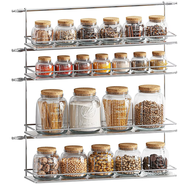 Organized Kitchen Spice Jars Storage With Multi Tier Metal Shelf And Clear Glass Containers 3d model 