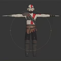 3D Warrior Character With Red White Face Paint Gray Brown Outfit And Arms Outstretched Pose