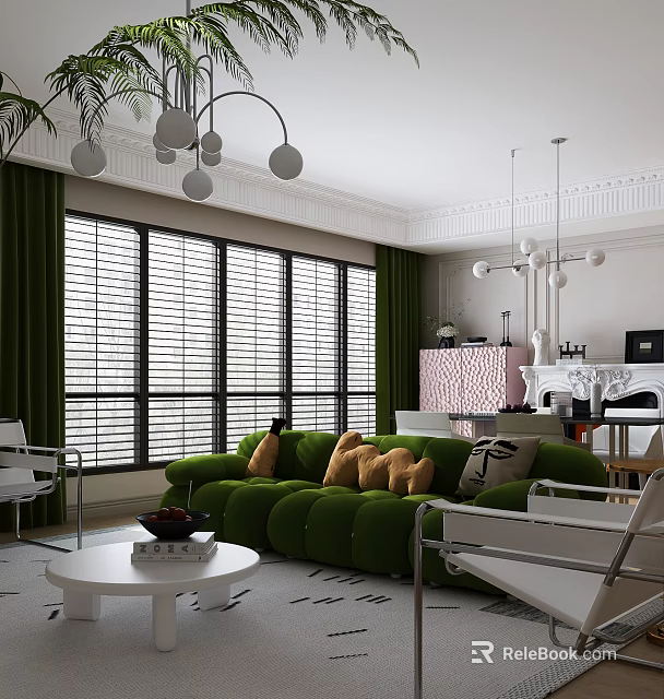 Modern Living and Dining Area Interior With Green Sofa Pillows Window Blinds And Pendant Lights 3d model 