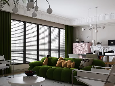 Modern Living and Dining Area Interior With Green Sofa Pillows Window Blinds And Pendant Lights 3d model
