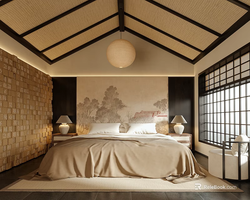 Japanese Style Hotel Guest Room Interior With Lantern Pendant Light Tatami Floor And Shoji Windows 3d model 