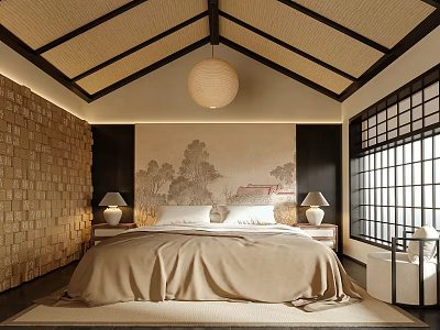 Japanese Style Hotel Guest Room Interior With Lantern Pendant Light Tatami Floor And Shoji Windows 3d model