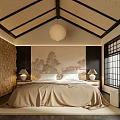 Japanese Style Hotel Guest Room Interior With Lantern Pendant Light Tatami Floor And Shoji Windows
