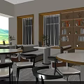 Comfortable Lounge Area Interior With Round White Tables Chairs Long Sofas And Bookshelves