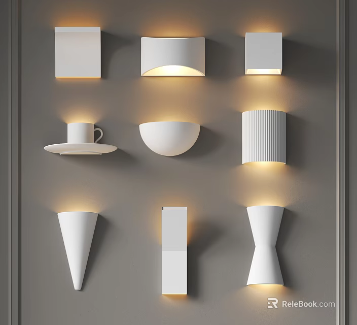 Modern Minimalist Wall Sconces With Various Shapes And White Design Mounted On Gray Wall 3d model 