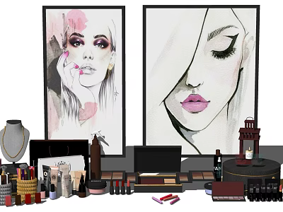 Luxury Perfume and Cosmetics Collection with Elegant Female Portraits and Decorative Items 3d model