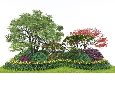 Beautiful Garden Scene With Green Trees Red Shrubs And Colorful Flowers 3d model