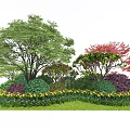 Beautiful Garden Scene With Green Trees Red Shrubs And Colorful Flowers