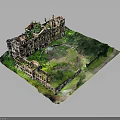 Detailed Ruined Building Model With Overgrown Green Vegetation And Courtyard