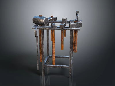 Ancient Metal Weapon Device With Hanging Metal Bars And Rusty Metal Frame Structure 3d model