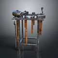 Ancient Metal Weapon Device With Hanging Metal Bars And Rusty Metal Frame Structure