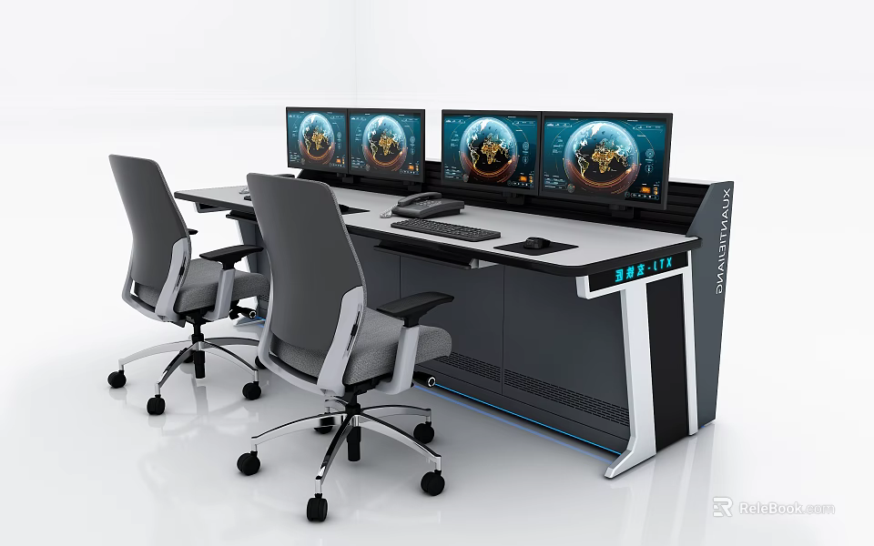 Modern Functional Desk With Multiple Monitors And Office Chairs For Professional Workstation Setup 3d model