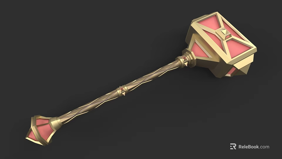 Fantasy Hammer Weapon With Golden Decoration Red Panels And Curved Handle 3d model 