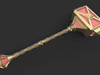 Fantasy Hammer Weapon With Golden Decoration Red Panels And Curved Handle 3d model