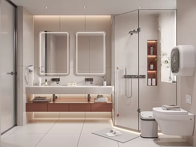 Modern Bathroom With Double Mirrored Cabinets Double Vanities White Countertops Wooden Drawers Shower Smart Toilet 3d model