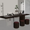 Modern Tea Table with Transparent Legs Dark Top and Red Seat Stools 3d model