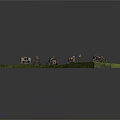 Vintage Tractor Models Arranged On Green Grass With Small Bus