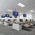 Open Plan Public Office Space With Multiple Workstations Ergonomic Chairs And Ceiling Mounted Monitors 3d model