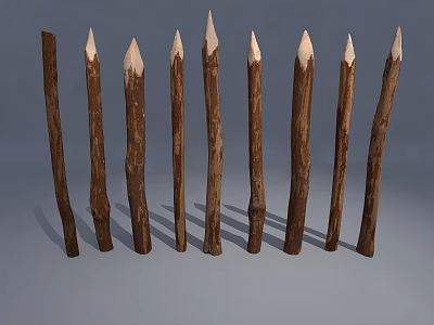 Handcrafted Wooden Sticks With Stone Tips Arranged In Row Featuring White Points 3d model