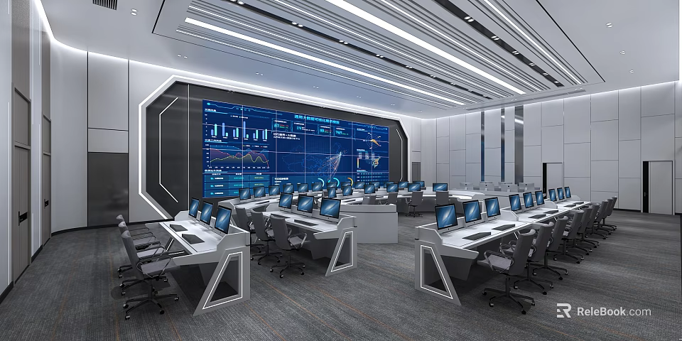 High Tech Modern Control Room With Large Display Screen Multiple Computers Control Desks Office Chairs 3d model 