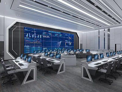 High Tech Modern Control Room With Large Display Screen Multiple Computers Control Desks Office Chairs 3d model