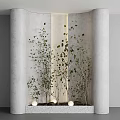 Minimalist Indoor Landscape With Green Leafy Plants And White Decorative Balls