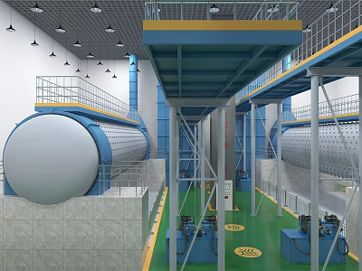 Industrial Facility Interior With Large Storage Tanks Blue Steel Structures And Green Flooring 3d model