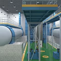 Industrial Facility Interior With Large Storage Tanks Blue Steel Structures And Green Flooring