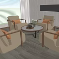Modern Elegant Living Room Beige Leather Armchairs and Round Coffee Table Set with Wooden Legs White Walls and Blinds
