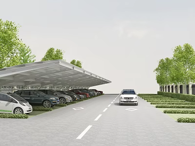 Car Parking Lot Canopy Covering Vehicles With Green Trees And Lawn 3d model