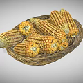 Fresh Yellow Corn Ears Arranged in Wicker Basket Healthy Vegetable 3d model