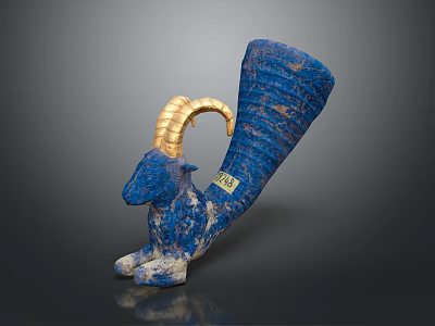 Blue Ram Shaped Wine Goblet With Golden Horn And Intricate Blue Patterns 3d model