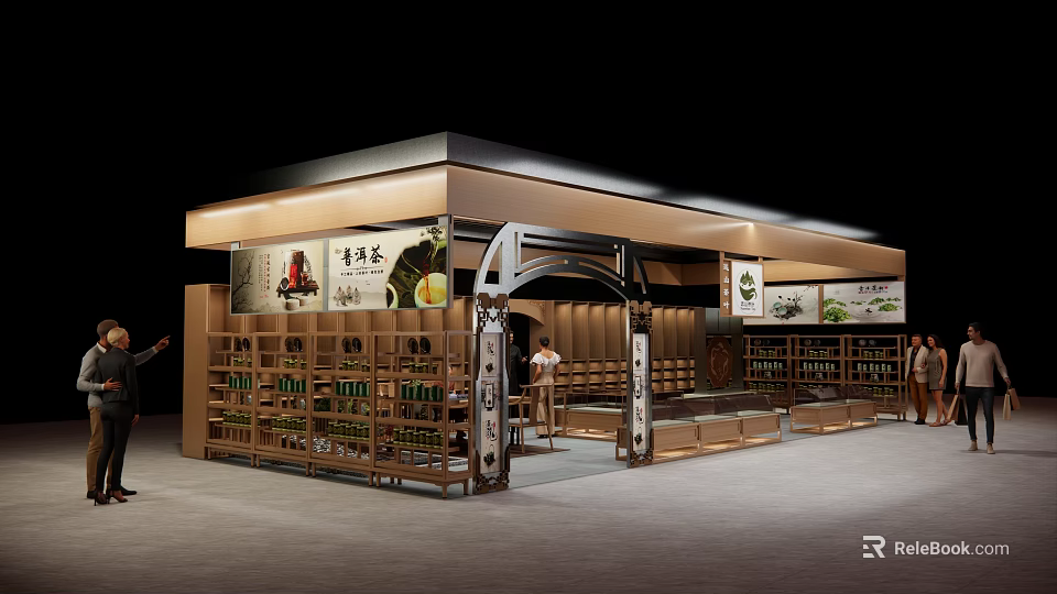 Traditional Chinese Tea House Booth Featuring Wooden Shelves Archway And Product Displays 3d model 