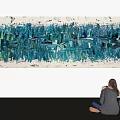 Modern Horizontal Abstract Painting With Teal Blue Textured Brushstrokes And Viewers Admiring