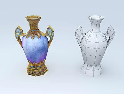 Ceramic Ware Vase With Golden Decorations Symmetrical Handles And Wireframe Model 3d model