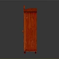 Red Double Door Cabinet With Ornate Carved Top And Decorative Details On Wheels