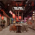 Retro Industrial Chinese Barbecue Restaurant Interior With Vibrant Neon Signboards And Warm Red Lanterns