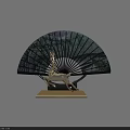 Elegant Decorative Fan With Golden Deer Green Landscape And Wooden Base