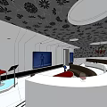 KTV Interior Design With Patterned Ceiling Chandelier Brown Sofas And White Tables 3d model