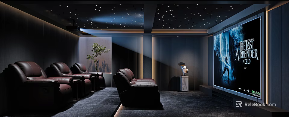Modern Home Theater Interior With Starry Ceiling Black Leather Sofas And Large Projection Screen 3d model 